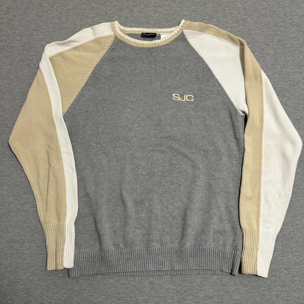 Sean John Cotton Knit Sweater Long Sleeves Y2K Colorblock Gray Back Mens XL